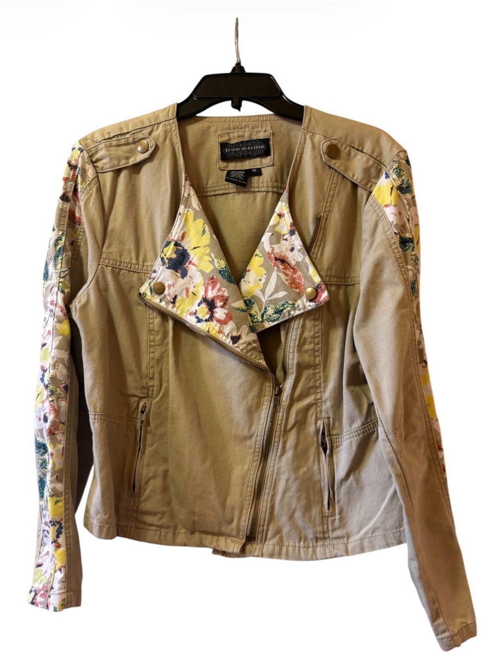 Y2K Live a Little Women's Tan Floral-Trim Moto Jacket Size XL